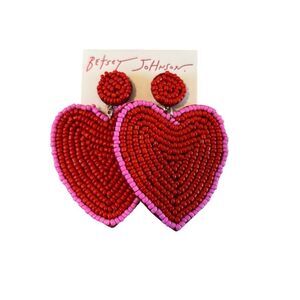Betsey Johnson Red & Hot Pink Seed Bead Heart Earrings.
